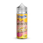 A 100ml bottle of Kingston Dessert - Custard Glazed Donut e-liquid with a nicotine-free label, featuring a yellow label with images of a donut and a glaze, and the brand's logo.